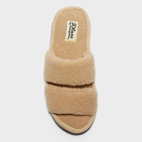 Women's dluxe by dearfoams Eliana Teddy Double Band Slide Slippers, Tan - Picture 3 of 3